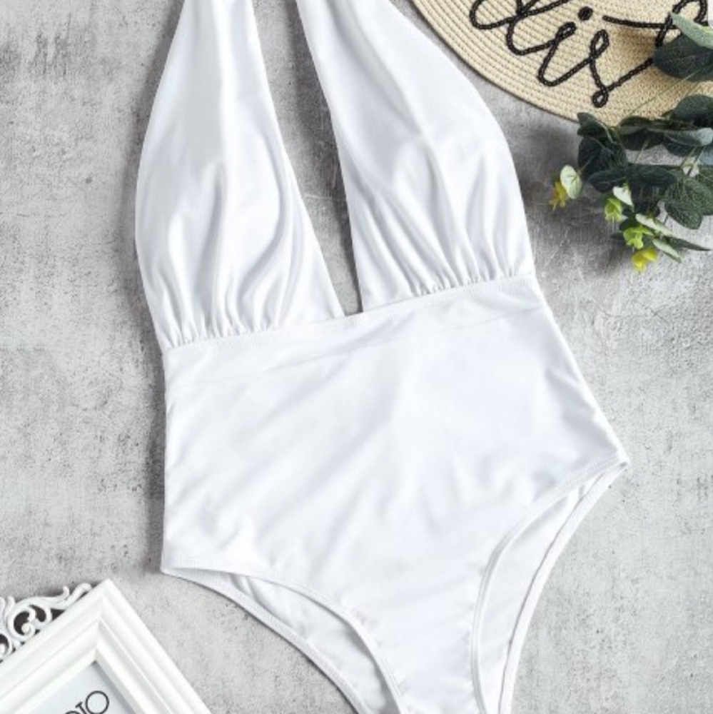 High Waisted Plunging Neck Front Swimsuit